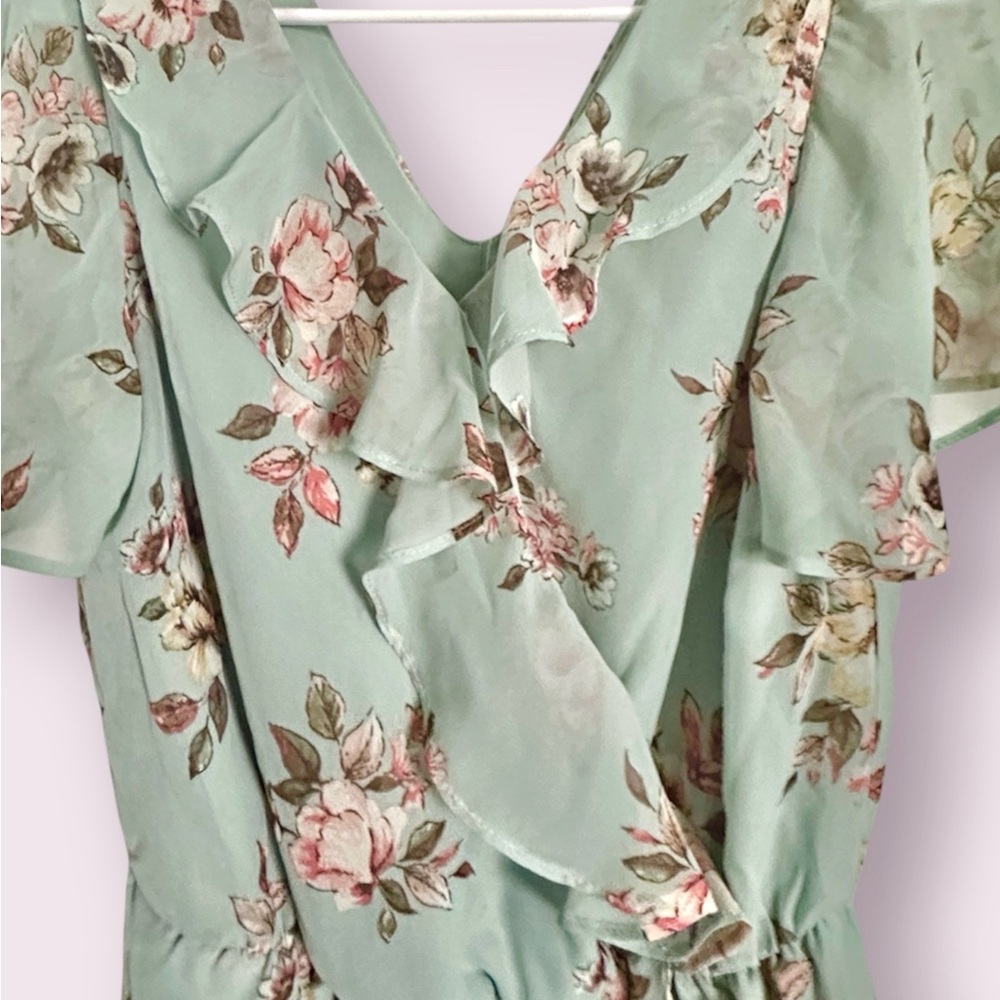 Maurices Flutter Sleeve Chiffon Wrap Mini Dress Mint Green Floral Size Small - Picture 5 of 12